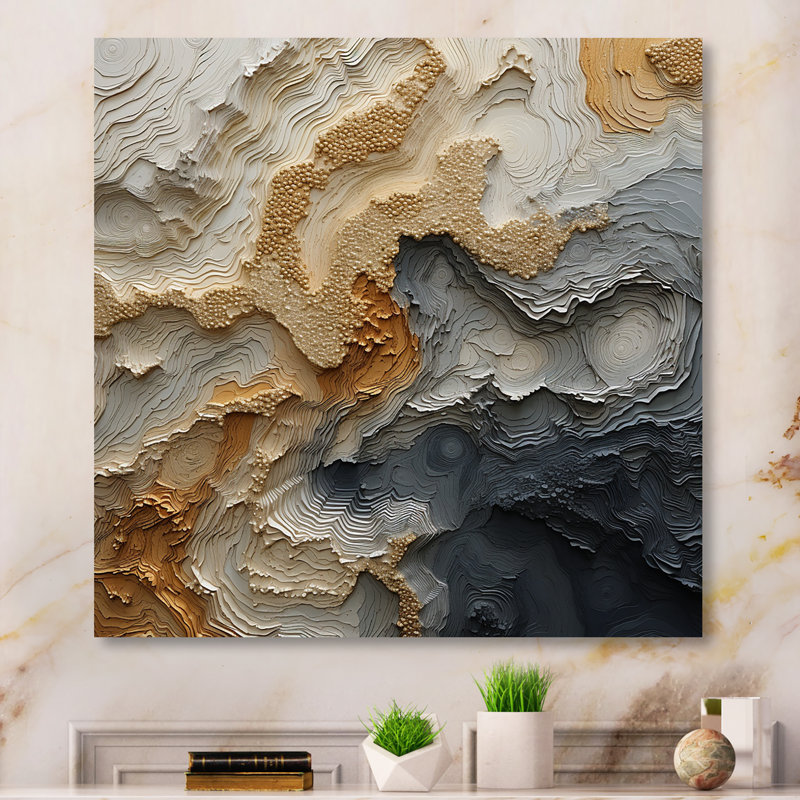 «Gold and Beige River Spiral», peinture abstraite imprimée sur métal, H 16 po x l 16 po x P 1 po