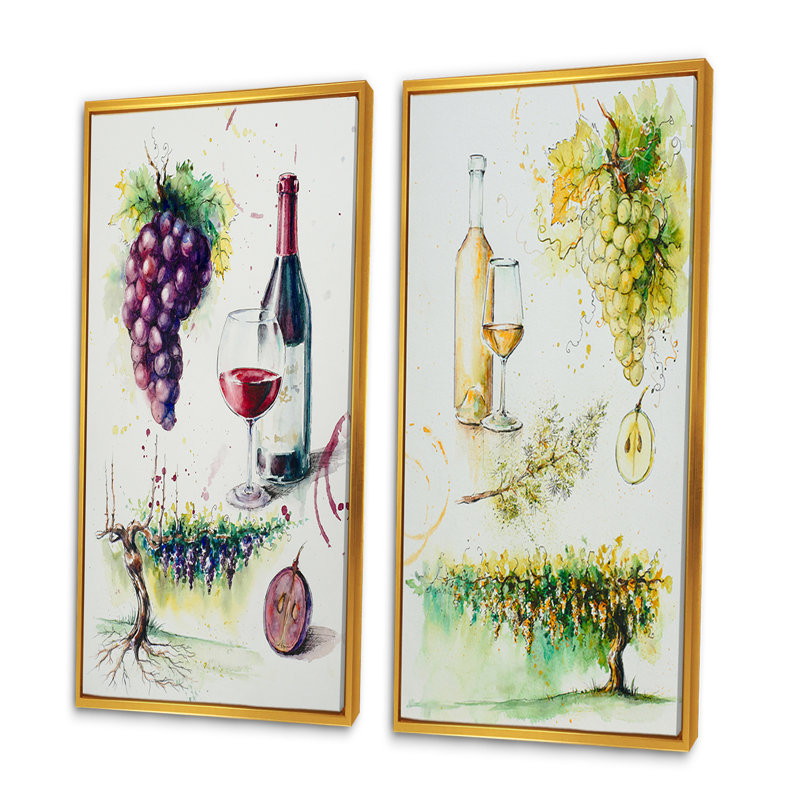 Raisins avec bouteille de vin - ensemble de 2 reproductions sur toile, H 32 po x l 32 po x P 1 po, Cadre flottant doré