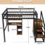 Lit mezzanine multi-usages avec tablette d'escalier, prises de courant et métal, pour zones de travail, bureau noir, tablettes, vis robustes, espaces compacts,