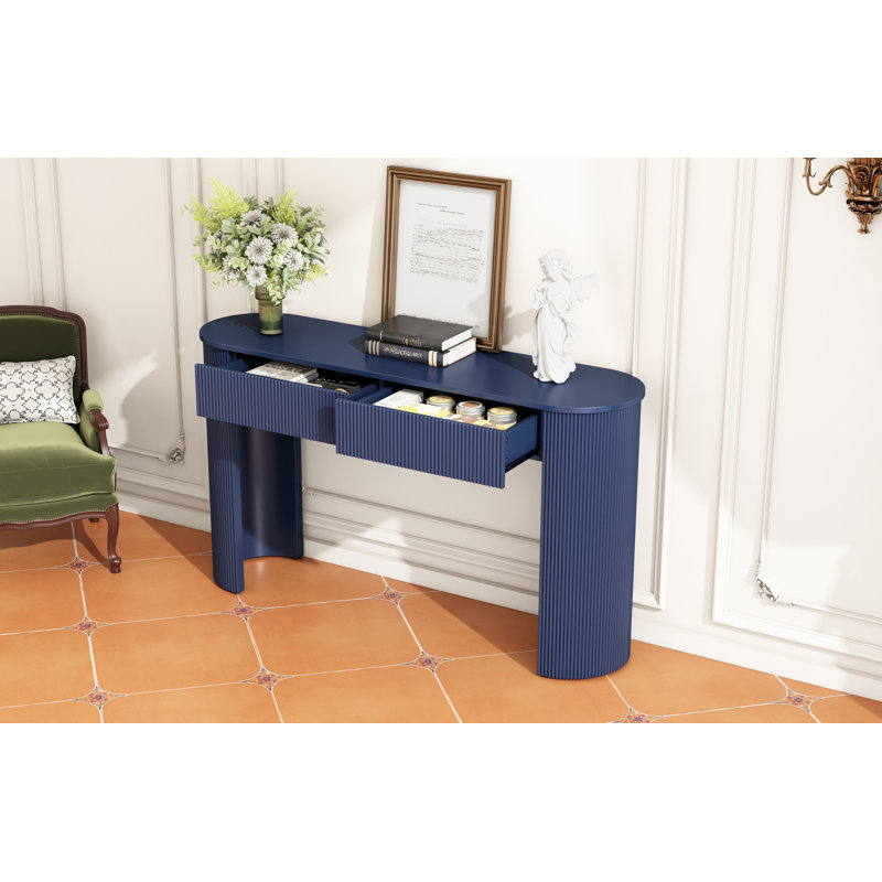 TREXM Entryway Table with Fluted Design, Modern Console Table with Storage, Oval Top and 2 Drawers, Navy