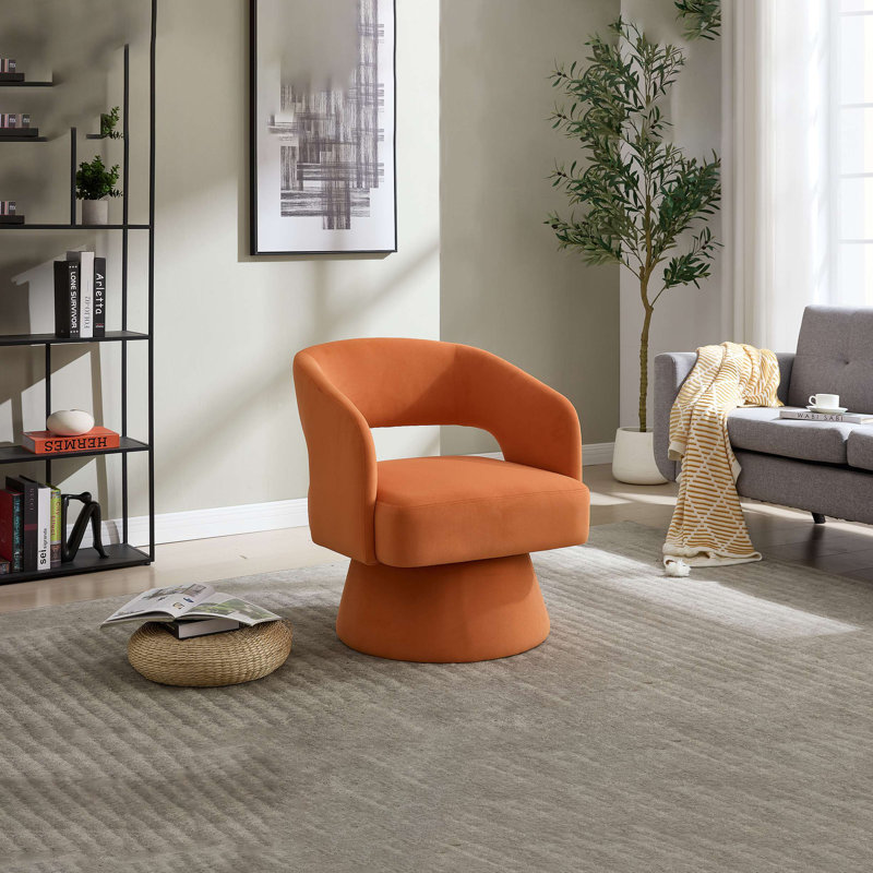 Rachedi 360° Swivel Velvet Barrel Accent Chair with Curved Backrest, Orange