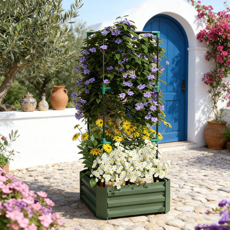 Durable Galvanized Steel Planter Box Raised Garden Bed with Tomato Cage, Perfect for Outdoor Planting and Maximized Growth.