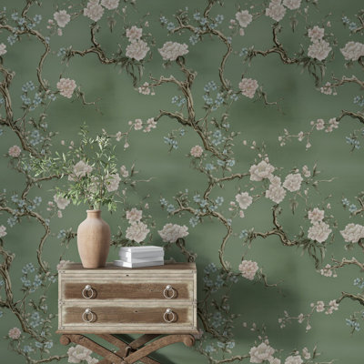 Rouleau de papier peint à motif floral chinois sur fond vert