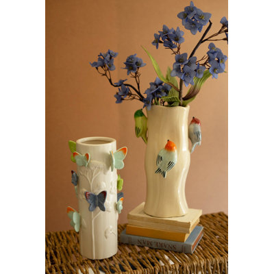  Ceramic Log Vase with Colorful Birds 12.5" H Decorative Accent, Set Of 2