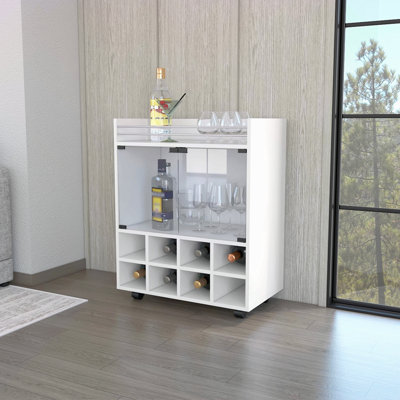 Minneapolis Bar Cart With Integrated 8-Bottle Rack, Glass Encased Cabinet And Aluminum Bar Top