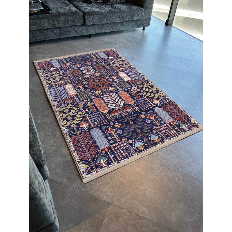 Tapis décoratif multicolore bleu marine à motif complexe, Rectangle 4 pi 11,06 po x 9 pi 10,11 po