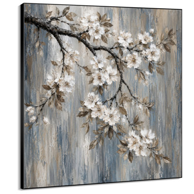Impression sur tissu grand format - Branche de fleurs blanches sur fond bleu-gris neutre pour salon ou chambre - « Assemblage du cadre requis (cadre non fini) »
