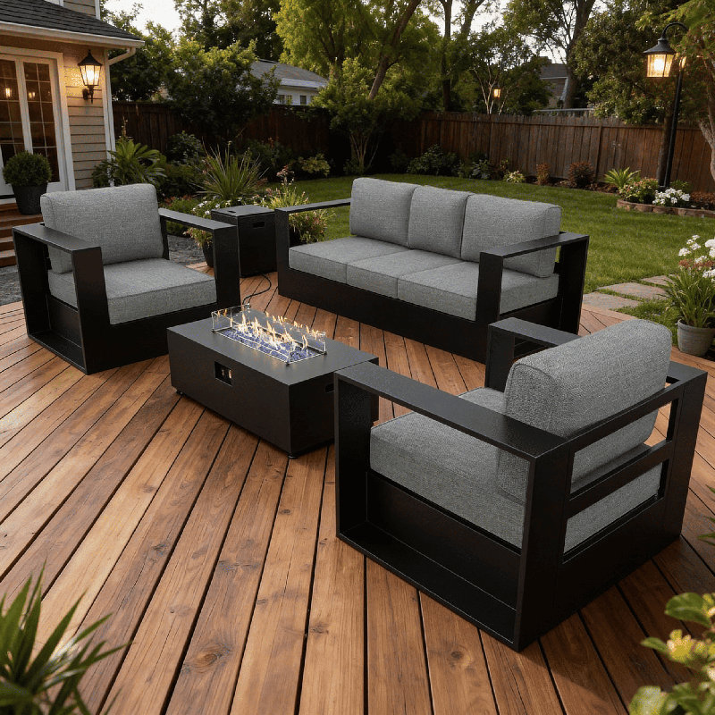 Modern Outdoor Aluminum 4-piece Conversation Set With Firepit Table, Dark Gray Cushion/Black Frame