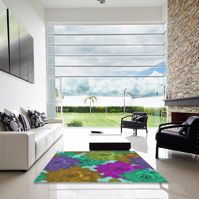 Tapis rose/vert/jaune tissé à la machine, Carré 7 pi