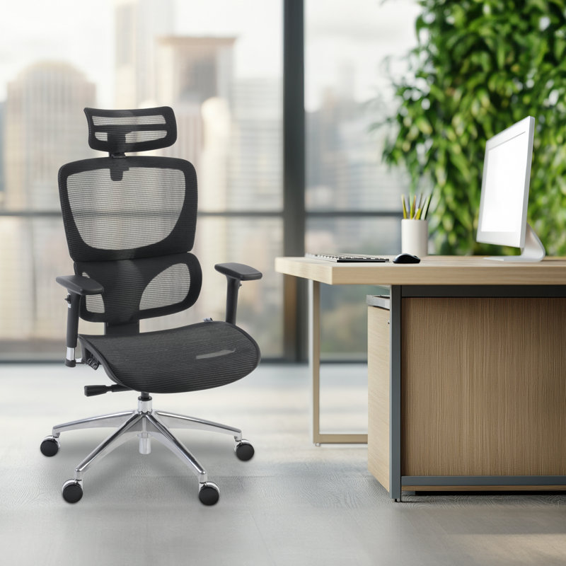 Chaise de bureau ergonomique en filet Omega O-2 Tech avec appui-tête / soutien lombaire réglable - noir