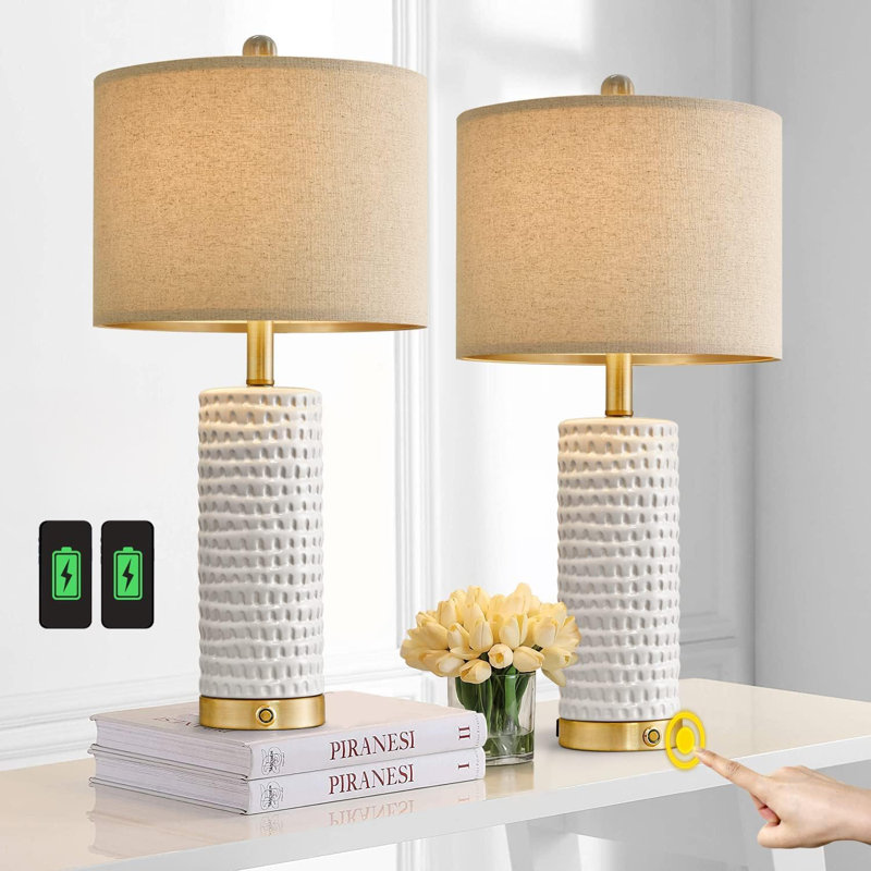 24" Farmhouse 3-Way Dimmable Touch Ceramic Table Lamp Set Of 2 For Bedroom Bedside Lamps With USB A+C Charging Ports For Living Room Nightstand Lamp End Table Lamps