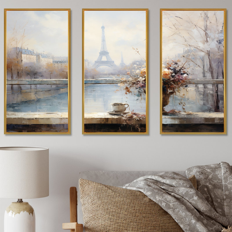 Hiver Paris, Tour Eiffel, ville charmante IV - Art mural de Paris, Cadre flottant doré, H 28 po x l 36 po