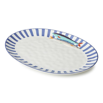 Something Fishy Ceramic Oval Platter 16 x 12 Inches, coastal striped serving platter with vibrant fish artwork, ideal for seafood feasts, grilled dishes, appetizers, summer gatherings