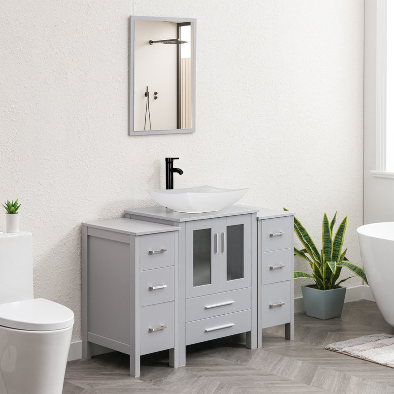  48" Double Sink Bathroom Vanity Set with Manufactured Wood Top, Vessel Sink, Faucet, Mirror Not Included, Gray