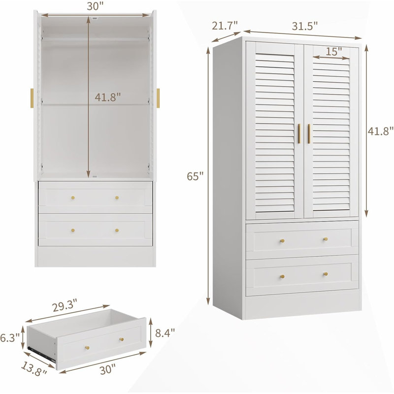 Armoire garde-robe avec 2 portes à volets, 2 tringles et 2 tiroirs, Blanc