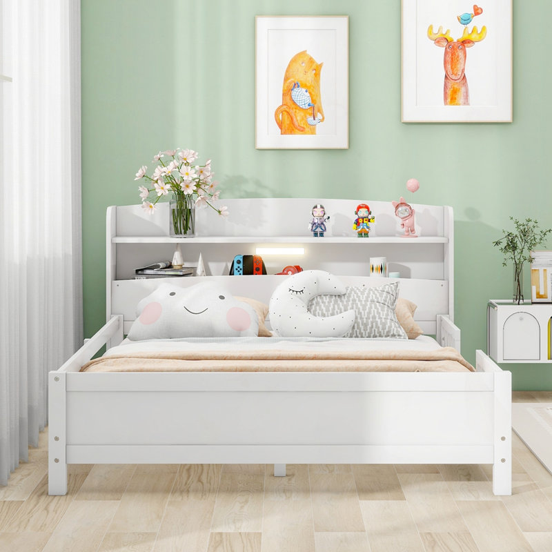 Lit plateforme en bois avec tête de lit et garde-corps avec rangement, Double, Blanc