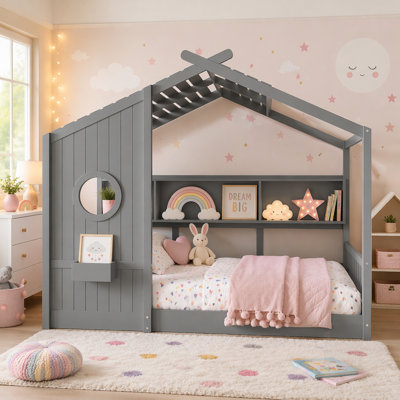 Floor House Bed for Toddler, Kids Montessori Bed with Storage Shelf, Playhouse Design