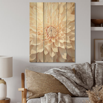 Minimalisme beige Dahlia - art mural en bois de dahlia sur bois de pin naturel