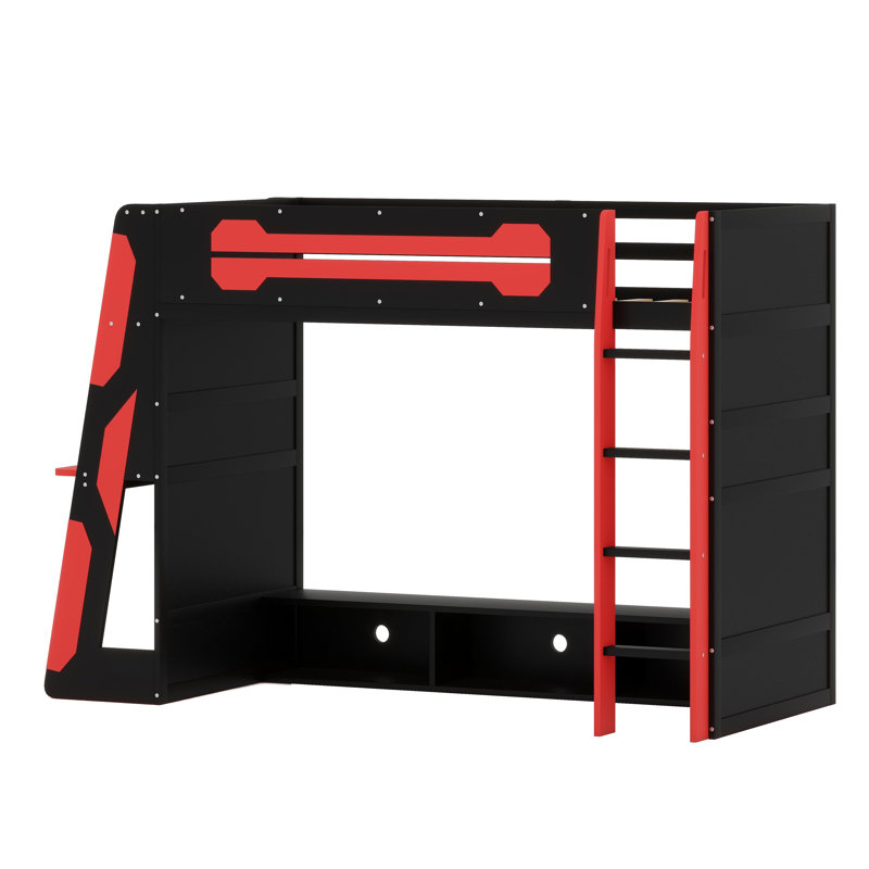 Lit mezzanine avec bureau intégré, tablettes de rangement à plusieurs niveaux et éclairage ambiant RVB, Rouge