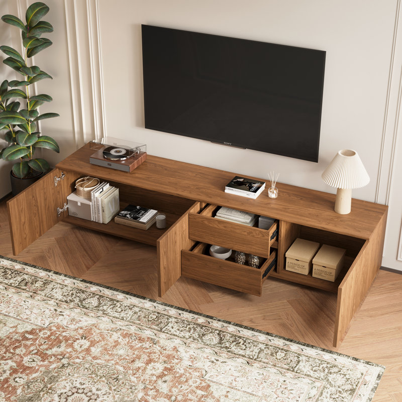 78" Mid-century Modern Tv Stand With Fluted Doors, Walnut Entertainment Center With Cabinets & Drawers, Low Profile Tv Console For Tvs Up To 85"