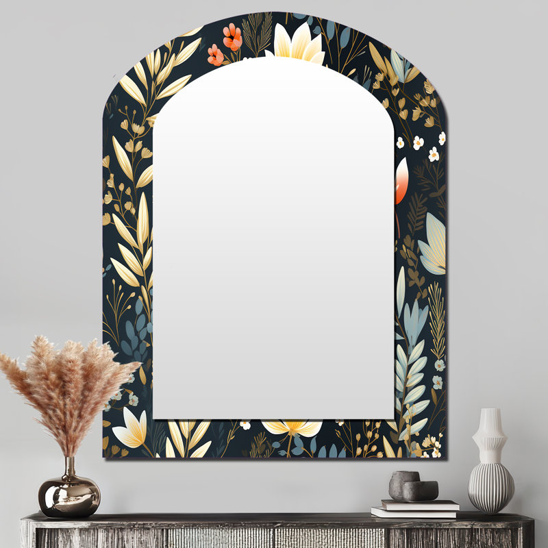 Nature'S Exquisite Floral Collage - Floral Arch Decorative Wall Mirror, Cottage Asymmetrical Mirror, Printed Metal Art