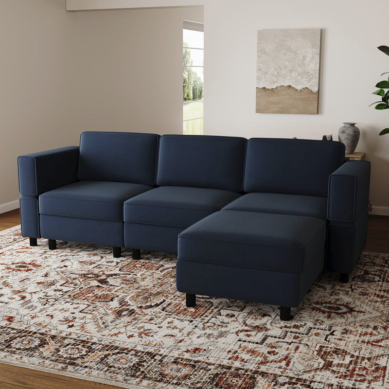 Canapé modulaire en L avec repose-pieds mobile, Velours bleu, H 33,9 po x l 88,6 po x P 57,1 po
