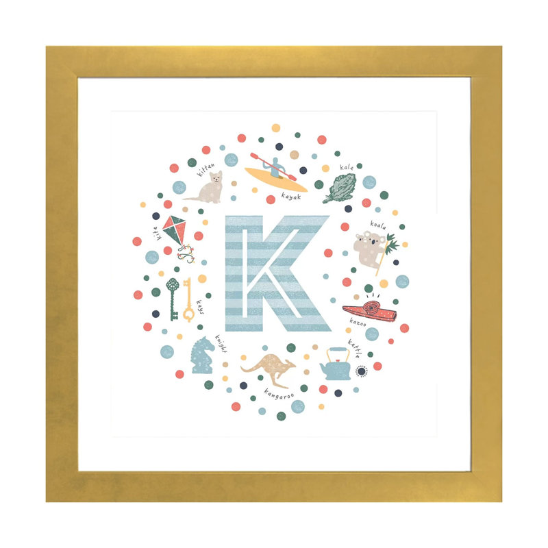 Lettre K illustrée, impression bleue, H 24 po x l 24 po x p 1 po, Papier encadré doré, Blanc