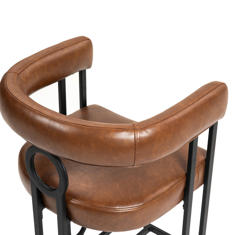 Tabourets de bar modernes - revêtement en polyuréthane brun, structure en métal noir solide, rembourrage de siège confortable et tabouret à dossier incurvé élégant avec pieds, coussin épais épuré