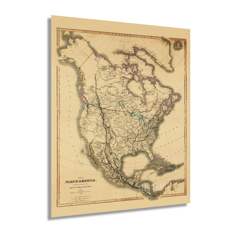 Carte de l'Amérique du Nord 1849 sur papier, H 36 po x l 24 po x P 0,01 po