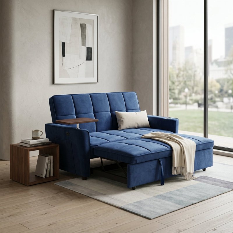 Canapé-lit 46 po escamotable pliant, petit canapé-lit convertible avec table d'appoint et port USB latéral, Bleu