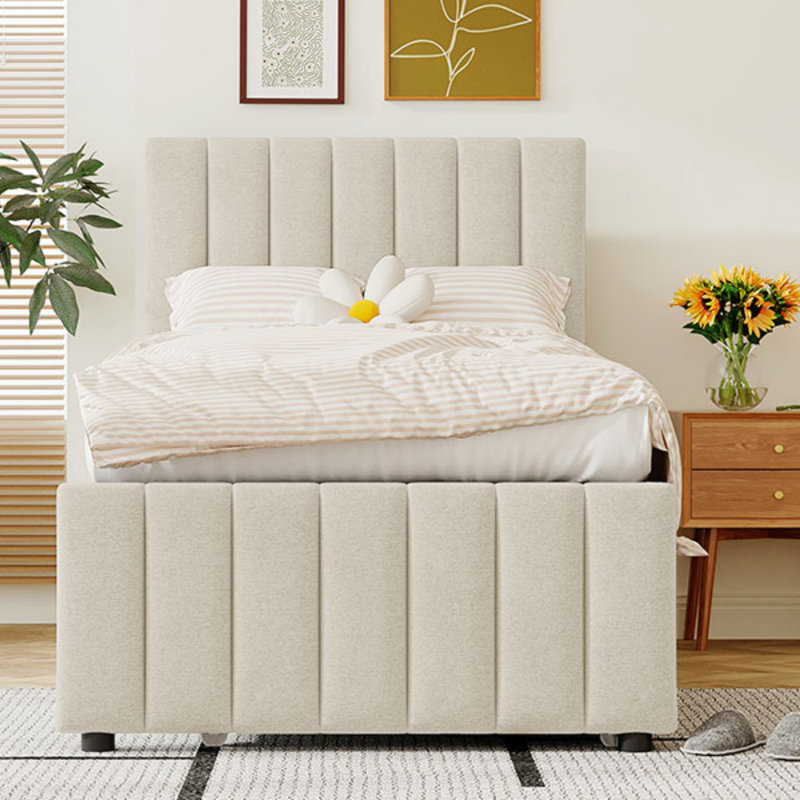 Lit plateforme tapissier simple avec lit gigogne et 3 tiroirs, tissu en lin, cadre de lit, Beige