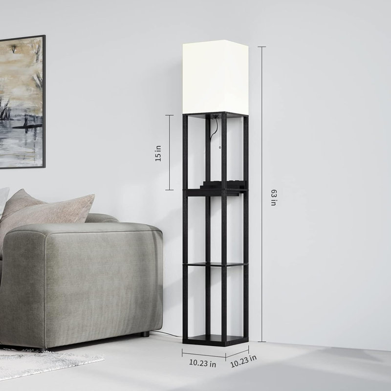Modern Dimmable Floor Lamp With Shelves, Drawer, USB Ports & Power Outlets, Solid Wood Standing Bookshelf Lamp For Living Room And Bedroom