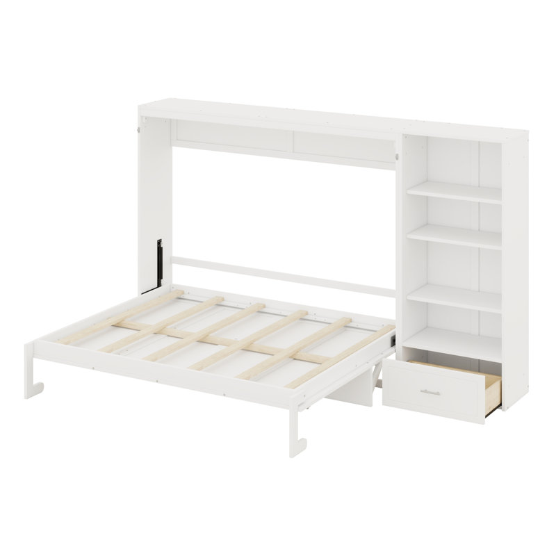 Lit escamotable mural avec tiroir de rangement intégré et tablettes personnalisables, Blanc