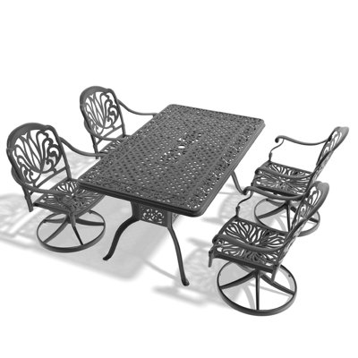 All-weather 5 Cast Aluminum Dining Compilation - 4 Swivel Chairs & Rectangular Table, Black, Delicate Carving Motifs, Coating, Comfortable Seating, 350lbs Seat Capacity, 160lbs Table Effortless