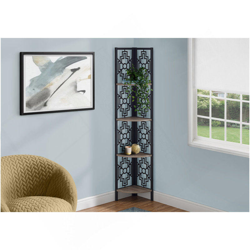 Bookshelf, Bookcase, Etagere, Corner, 4 Tier, 62"H, Office, Bedroom, Brown Laminate, Black Metal, Transitional, Taupe