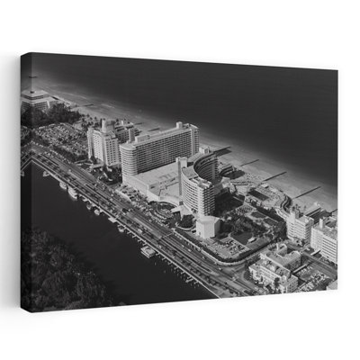 1950, 1960, vue aérienne, Fontainebleau, hôtel, Miami Beach, Floride, États-Unis, rétro, classique, rétro, plage, ville, art