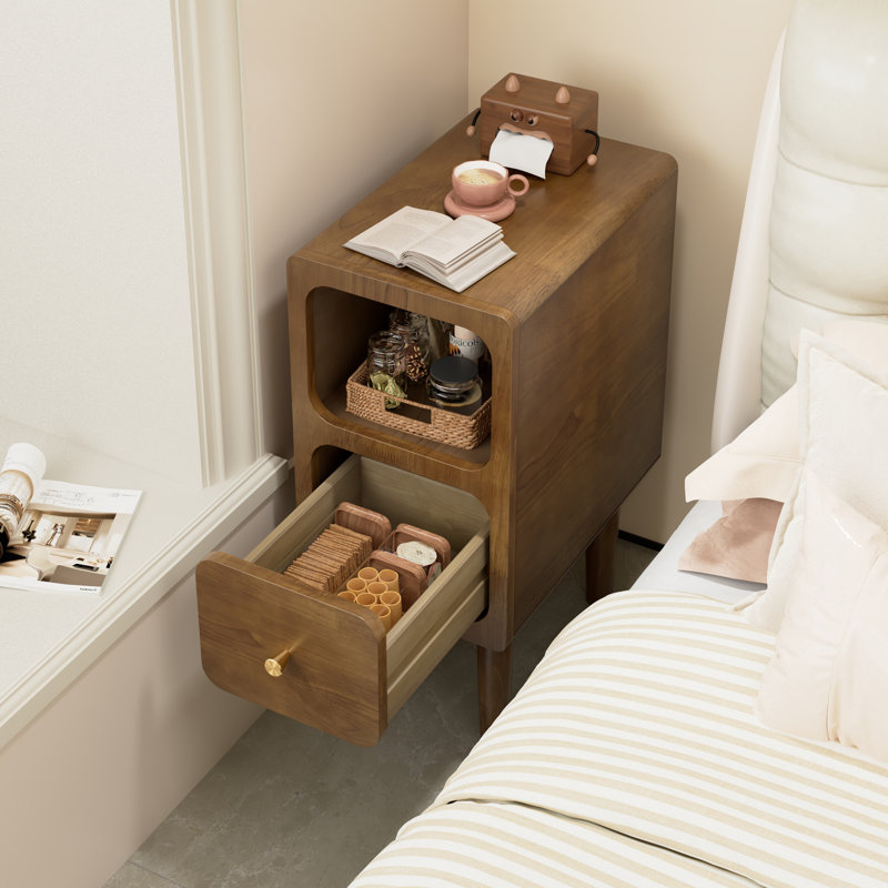  Table de chevet en bois massif - étroite, avec tiroirs et rangement ouvert, style Mid-Century moderne pour chambre à coucher