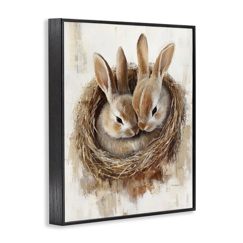 «Bunny Duo in Nest», estampe numérique, design par Franklyn Gregory, H 14 po x l 11 po, Giclée encadrée noir minuit
