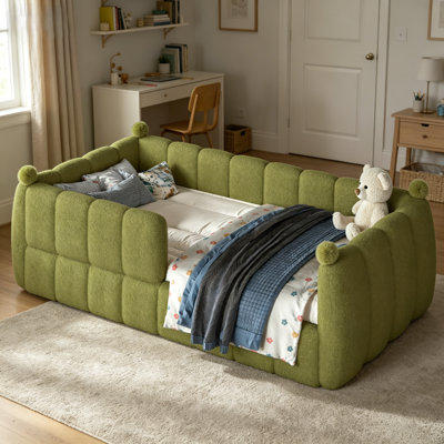 Kids Upholstered Floor Bed with Padded Guardrails， Montessori Floor Bed with Full Rails for Boys Girls, Twin Size, Antique Green