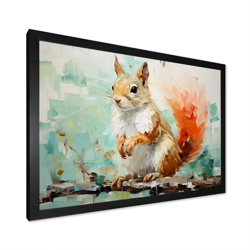 Écureuil rose et vert en fleurs V - Art mural animal écureuil, Cadre d'angle fermé noir, H 16 po x l 32 po x P 1 po