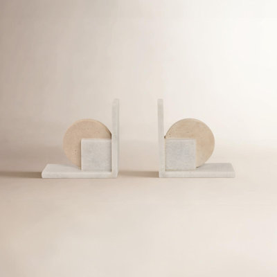 Modern Glam Stone and Marble Bookends with Geometric Design, 6" White and Tan Decorative Accent for Home Office, Bedroom, or Living Room Display
