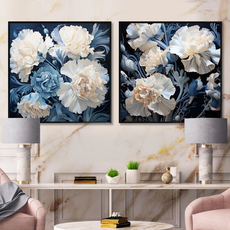 Arrangement d'œillets blanc et bleu - ensemble de 2 œillets carrés, Cadre flottant noir, H 16 po x l 33 po