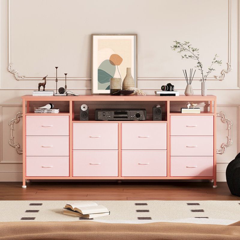 63" TV Stand with 10 Fabric Drawers for 65-75" TV,  LED Entertainment Center TV Console Table with LED Lights & Power Outlets & Open Storage Shelves, Bedroom Storage Chest, Vintage