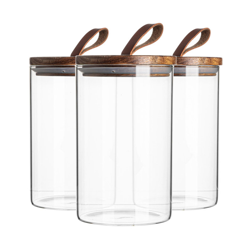 Argon Tableware - Scandi Storage Jar with Leather Loop Lid - Set of 3, 15.5cm H x 10cm W x 10cm D