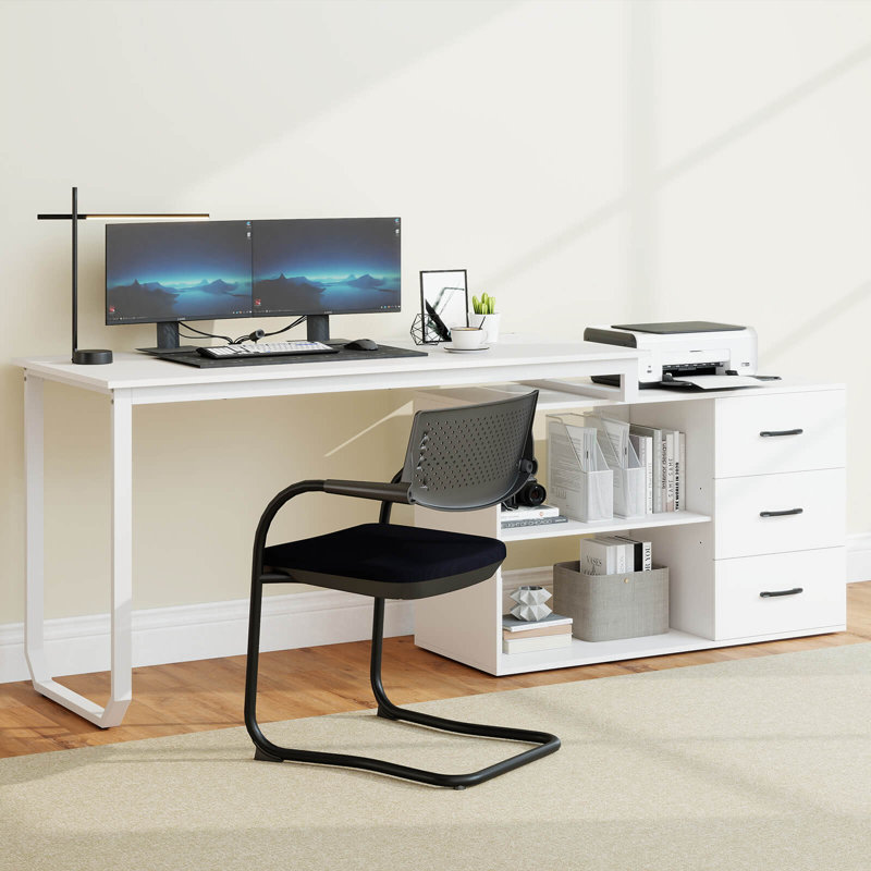 Bureau d'ordinateur en L avec prise de courant réversible 55 po à 3 tiroirs, Blanc