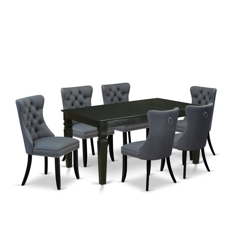 7 Piece Kitchen Table Set Contains a Rectangle Dining Table with Butterfly Leaf and 6 Polyester Fabric Upholstered Chairs, Black