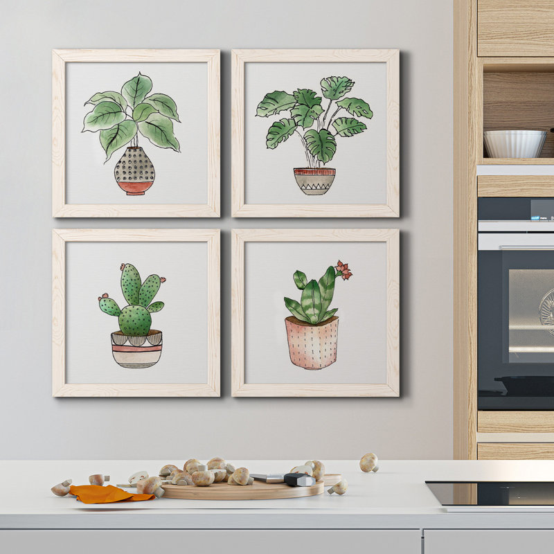 Boho Greenery I - ensemble de 4 peintures sur toile encadrées, Cadre blanc, H 17 po x l 34 po x P 1,5 po