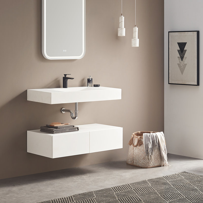 Lavabo de salle de bain mural ou de comptoir 36 po, matériau de surface solide en forme de V, Blanc