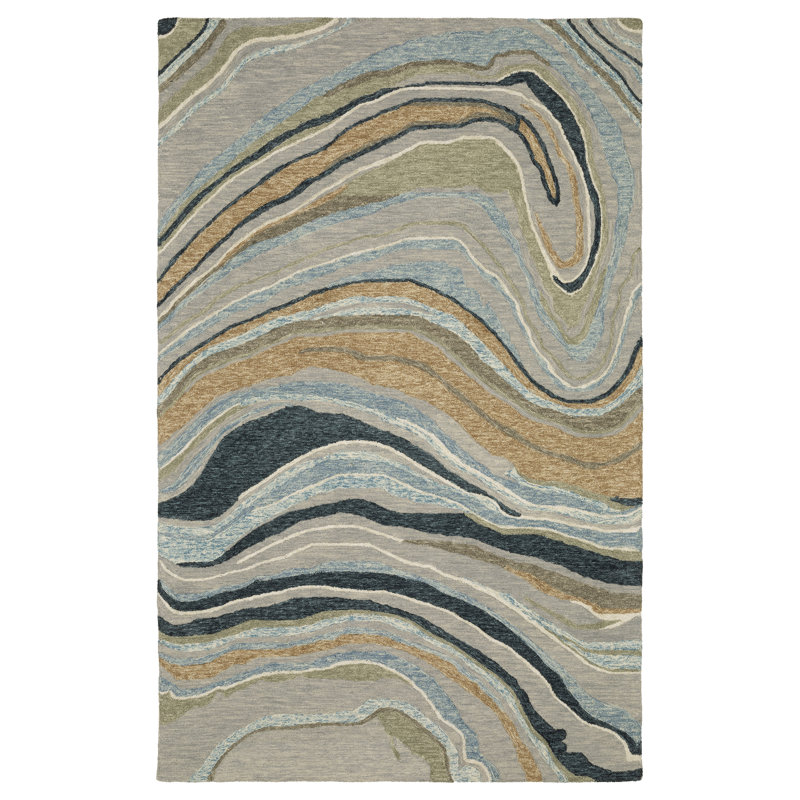 Renli Hand-made Wool Abstract Waves Grey/ Blue Area Rug, Rectangle 10' x 13'
