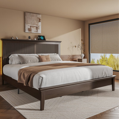 Mid-Century Solid Wood Bed Frame with Built-in Charging Station & RGB LED Headboard, King, Dark Brown